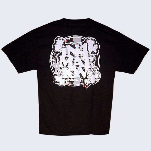 Back side of black t-shirt. Oversized chunky information logo over a houndstooth patterned crossbones.