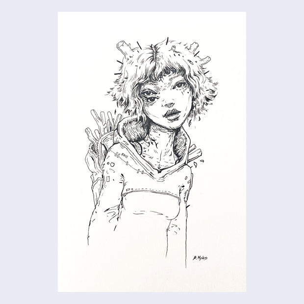 Ink sketch drawing of a girl, seen only from the torso up. She has 3 eyes and tilts her head with her lips parted, looking dazed. She wears a hooded jacket and has many thorns and twigs growing out of her hair and in her backpack.