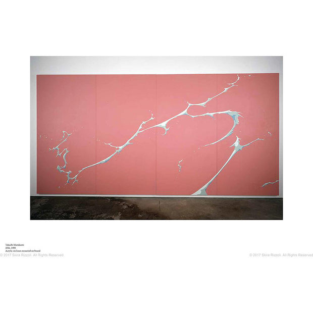 Page excerpt, a photograph of 4 large pink panels with a white liquid splattered on all the panels.