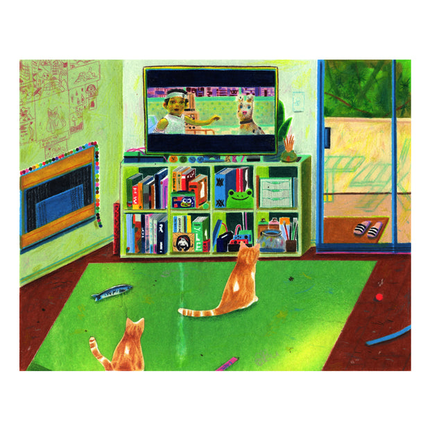 Colored pencil illustration of a interior living room scene. 2 orange cats sit in front of a TV, which is atop of a filled bookshelf. On the TV is Wes Anderson's Isle of Dogs. 