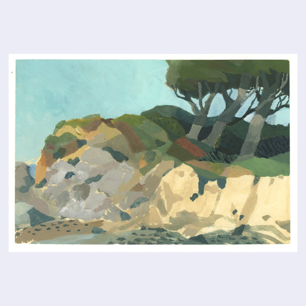 Plein air painting of a beachside rock and hill landscape with leaning trees.