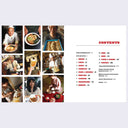 Inside page of book. Photograph in a grid pattern show chefs presenting their dishes and people eating. Right side is a table of contents.