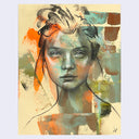 Portrait of a blue eyed girl with puffy bangs, looking straight at the viewer. Swatches of orange, blue and brown paint color in her face.