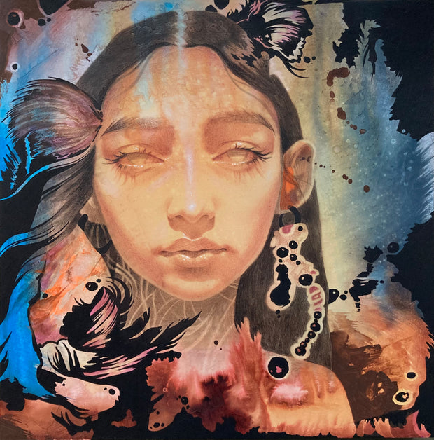 Painting of a woman with very light colored eyes and brunette hair, only seen from the shoulders up. Rest of the painting has many abstract inking elements, black in blobs and smooth details that are similar to butterfly wings. Background is blue, yellow and red watercolor effect.