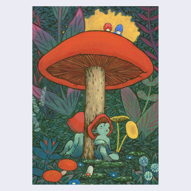 Illustration of two small green trolls, sitting under a large red toadstool mushroom. One is looking up in surprise at two small creatures with berry hats on top of the mushroom. Around them is lush greenery and large leafed plants.