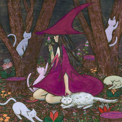 Painting of a long haired girl sitting on her knees in the forest, dressed in an oversized purple dress with a large purple witch's hat. She holds a small bouquet of flowers and pets a nearby white cat. All around her are many other cats, laying and playing in the nature.