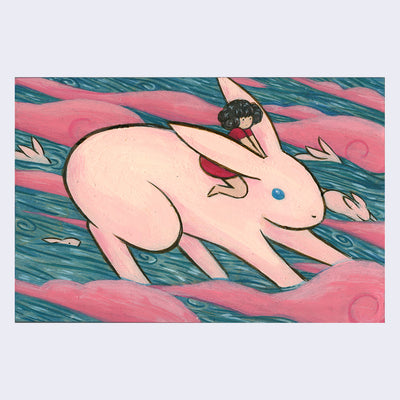 Illustrative painting of a small tan girl with fluffy black hair and a red dress, riding atop a large pink rabbit with blue eyes. They are in a river with small pink bunnies swimming down current with them and pink clouds among them.