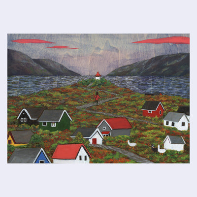 Painting on wood, with visible wood grain of a oceanside town with small colorful houses and a winding path that leads to a far away lighthouse. A woman in a red coat runs down the path.