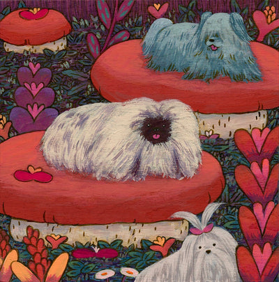 Painting of very fluffy, long haired dogs sitting atop of large mushrooms in a whimsical forest setting, with large plant leaves and grass.