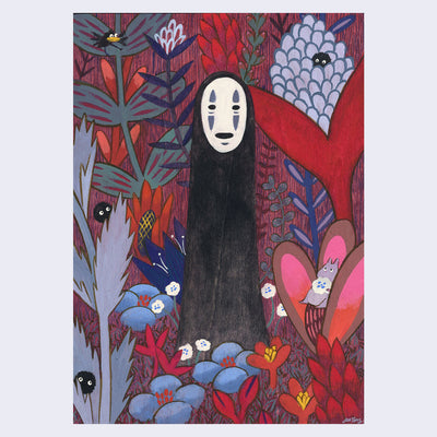 Painting of No Face, standing in a primarily red and purple setting with many abstract, stylized plants and flowers with little black dust sprites all around.