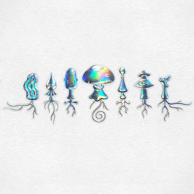 Detail of abstract mushroom characters with holographic effect.