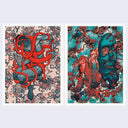 Open two page book spread. Left page features patterned background and illustration of a blue distressed figure wrapped up in thick red binds. Right page features highly patterned background with a red, fleshy figure sitting behind a scary blue face, being used as a shield.