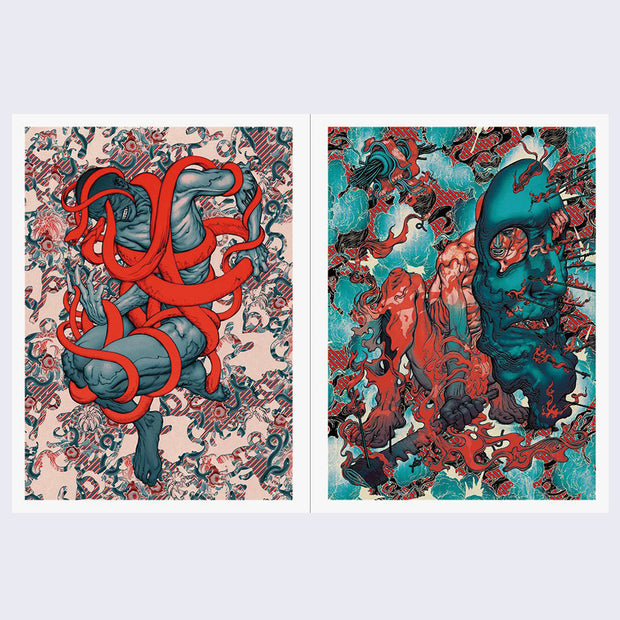 Open two page book spread. Left page features patterned background and illustration of a blue distressed figure wrapped up in thick red binds. Right page features highly patterned background with a red, fleshy figure sitting behind a scary blue face, being used as a shield.