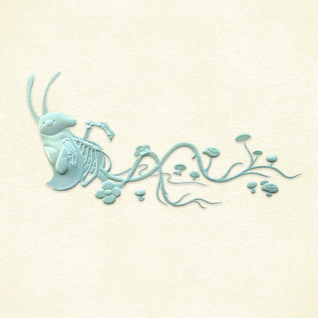 Close up detail of a metallic mint blue embossment of a cricket dressed in a vest, with its ribs exposed and its lower half leading to mushrooms and flowers.