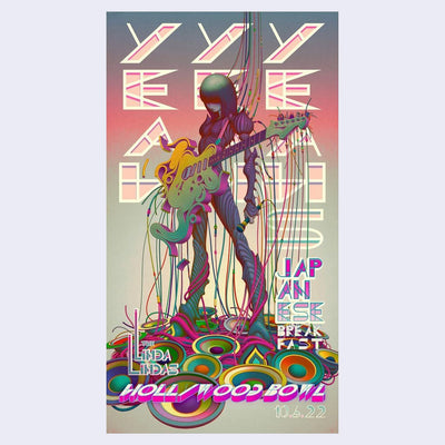 Illustrated poster of a sci fi inspired woman with face obscured by her hair, standing with a microphone and abstract guitar, cords coming down from her body and her guitar. She stands atop numerous circular speakers. "Yeah Yeah Yeahs" is written in futuristic, stylized font behind her and "Japanese Breakfast" and "The Linda Lindas" is written small, in similar font on either side of her feet.