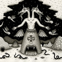 Greyscale fantasy based illustration in desert like setting, featuring a two headed dragon like creature with a human torso and a lower body that is a rounded hut with a monster face, its open mouth the opening.  The background is made of abstract mountains, snakes on the ground and many winged creatures flying.