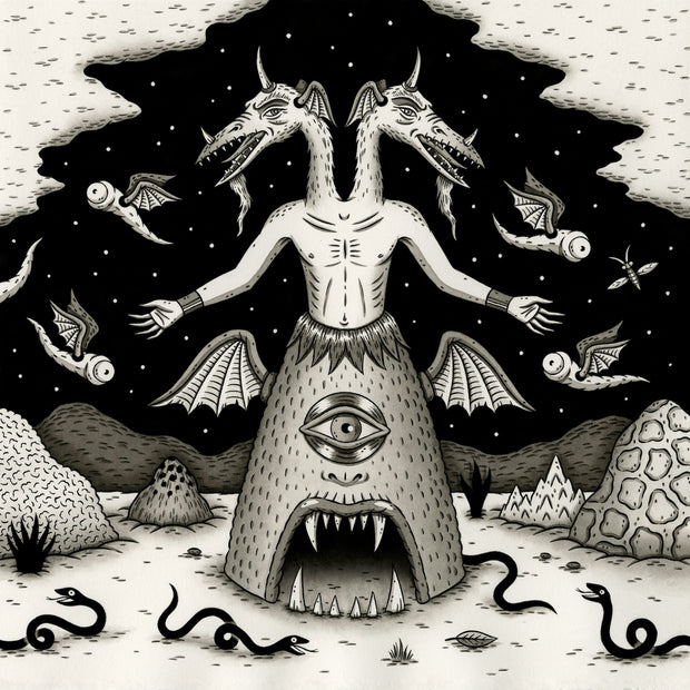 Greyscale fantasy based illustration in desert like setting, featuring a two headed dragon like creature with a human torso and a lower body that is a rounded hut with a monster face, its open mouth the opening.  The background is made of abstract mountains, snakes on the ground and many winged creatures flying.
