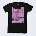 Front side of black t-shirt. A purple drawing of a person jumping out of their skin. Their skin and clothing drops dramatically to the floor.
