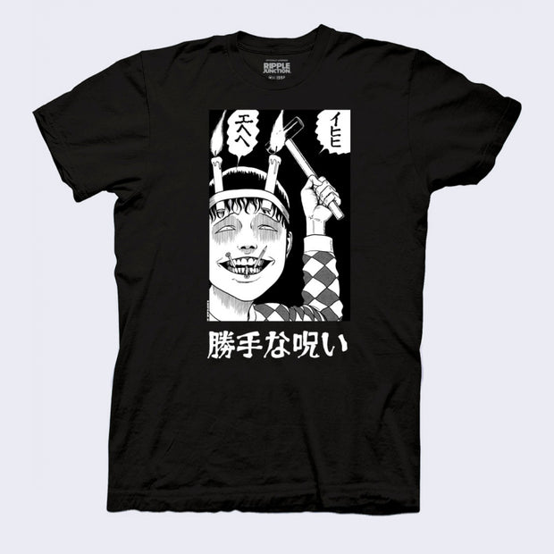 Front side of black t-shirt. Full front area has a cartoon man with candles tied to his forehead. He cackles to himself and holds a hammer.