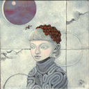 Illustration in mostly warm gray tones of a woman seen only from the chest up, she looks off to the side with her mouth slightly ajar and atop of her head is a swarm of red ladybugs. Behind her is a concrete wall with a circular hole where the purple sky shows. 