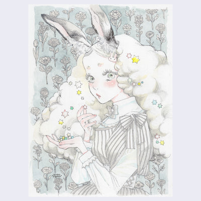 Pen and watercolor drawing of a cute and nervous looking woman with bunny ears in a decorative collared dress, looking to the side. Around her head is a fluffy halo of clouds, she holds small colorful stars in the palm of her hand. 
