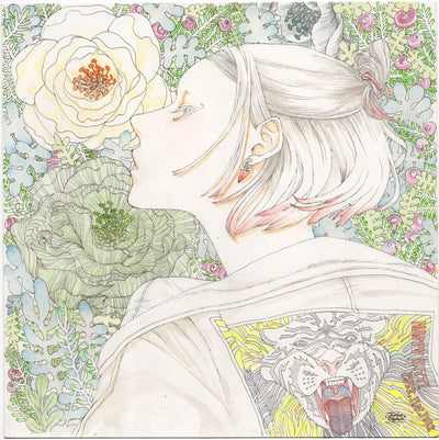 Fine line illustration with pastel watercoloring. A person, seen from the shoulders up, faces away from the viewer and looks off to the left. Their hair is half up, half down with red colored tips. The back of their jacket is an elaborate embroidery of a open mouth snow tiger. Background of the piece is many camelia flowers.