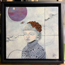 Illustration in mostly warm gray tones of a woman seen only from the chest up, she looks off to the side with her mouth slightly ajar and atop of her head is a swarm of red ladybugs. Behind her is a concrete wall with a circular hole where the purple sky shows. 
