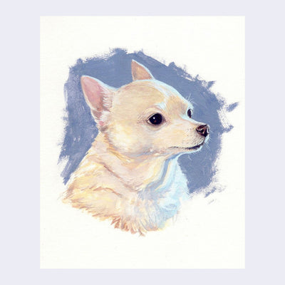 Realistically rendered painting of a blonde chihuahua, looking off to the right with a blue light highlighting the dog. 