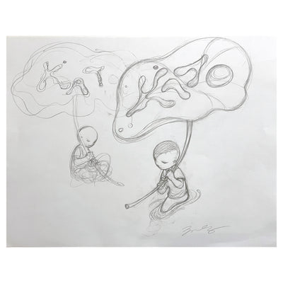 Graphite sketch of 2 children, holding large leaves above their heads on stems like umbrellas. Both have "Kato" written on them in stylized watery font.