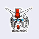 White cut out sticker of a cartoon Gundam robot head, with red and black accents. It has kawaii style eyes. "Giant Robot" is written in lowercase black cursive below the design.