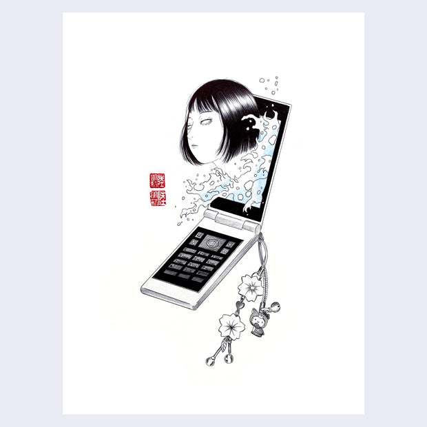 Black ink illustration of a 2000s era flip cell phone, with keycharms attached to it. A woman's head, with all white eyes, comes out of the screen along with waves of water.