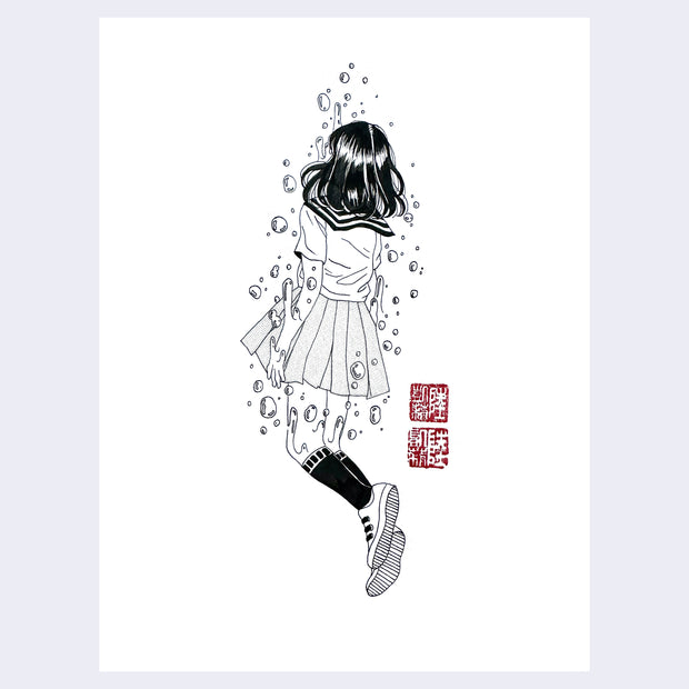 Ink drawing of a girl in a school girl uniform sinking into an invisible body of water, with bubbles coming up out of her skin. She faces away from the viewer.