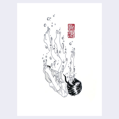Ink drawing of a girl in a school girl uniform, falling into an invisible body of water, with bubbles dripping up off her skin.