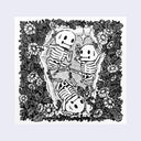 Greyscale square sticker of three cartoon skeletons inside of a coffin, surrounded by lush cartoon flowers.