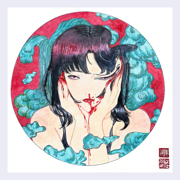 Illustration of a woman with dark red hair, holding her head in her hands with blood coming out her hand and nose. Her face is slightly distorted, curling outward.