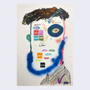 Colorful stylized illustration of a man with a blue spray painted beard. His features have strange proportions, akin to a collage. 