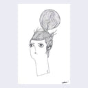 Black ink drawing of a cartoon style woman, visible from the neck up, with a geometrically patterned hair bun with wisps being blown in the wind.