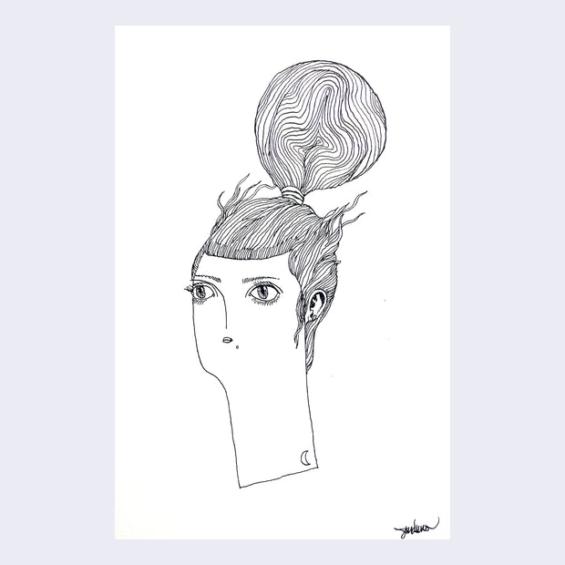 Black ink drawing of a cartoon style woman, visible from the neck up, with a geometrically patterned hair bun with wisps being blown in the wind.