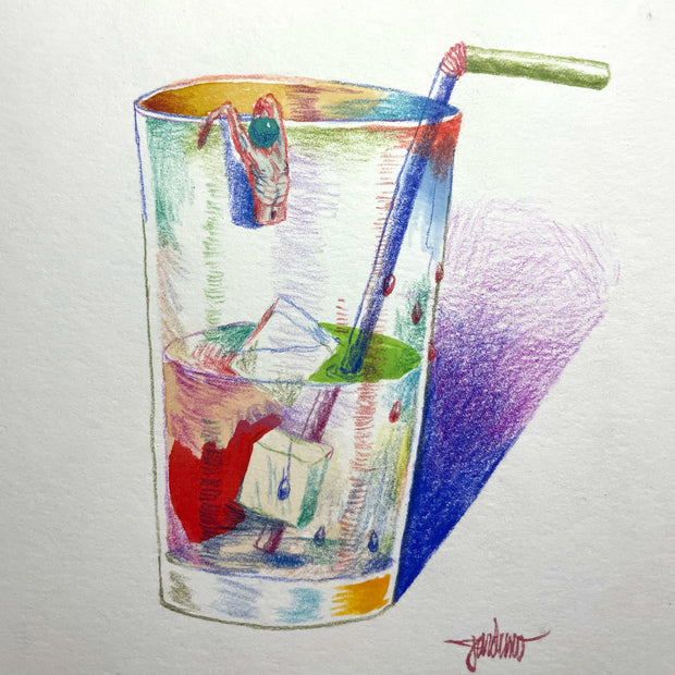Multicolor pencil illustration of a glass of ice water, sweating from the condensation with a bendy straw coming out and the upper torso of a person hanging on the edge of the glass.