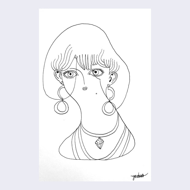 Black ink line drawing of a woman, visible from the shoulders up with a bob hair cut and bangs. She has geometric dangling earrings and a diamond necklace on a thick chain.