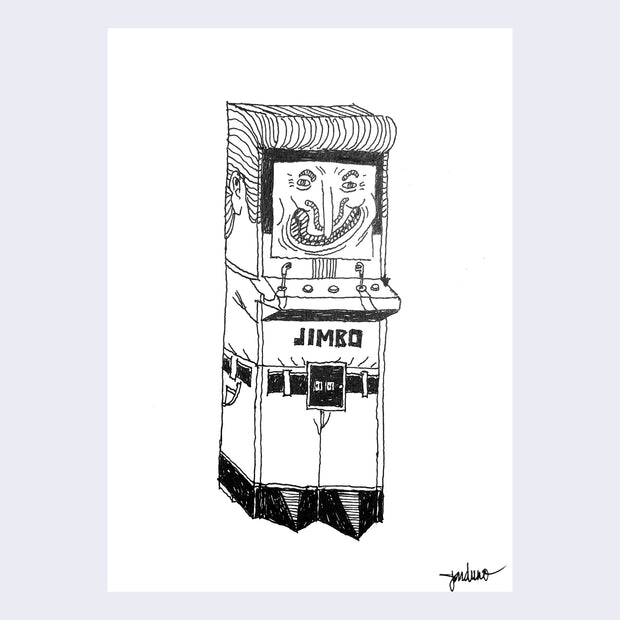 Black ink illustration of an arcade machine, modeled to look like a rectangular human with a scary stylized face, pompadour hair and "Jimbo" written across the machine.