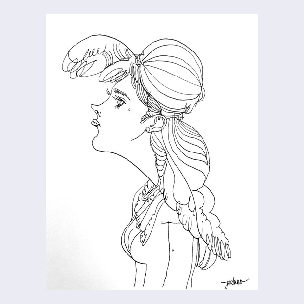 Black ink line drawing of a stylized woman, visible from the torso up, facing to the left. She has clothing and hair similar to Marie Antoinette and has a pouty expression.
