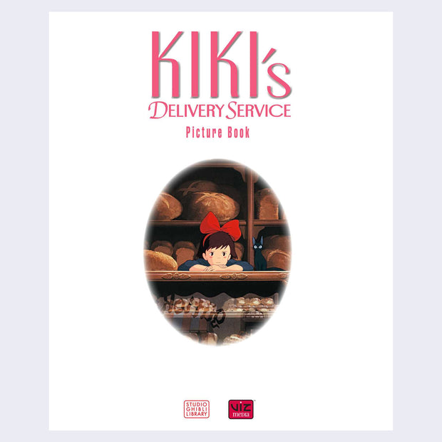 Inside cover page, all white with an oval shaped illustration of a girl resting her head on a counter of a bakery. A small black cat sits besides her, with text reading "Kiki's Delivery Service Picture Book"
