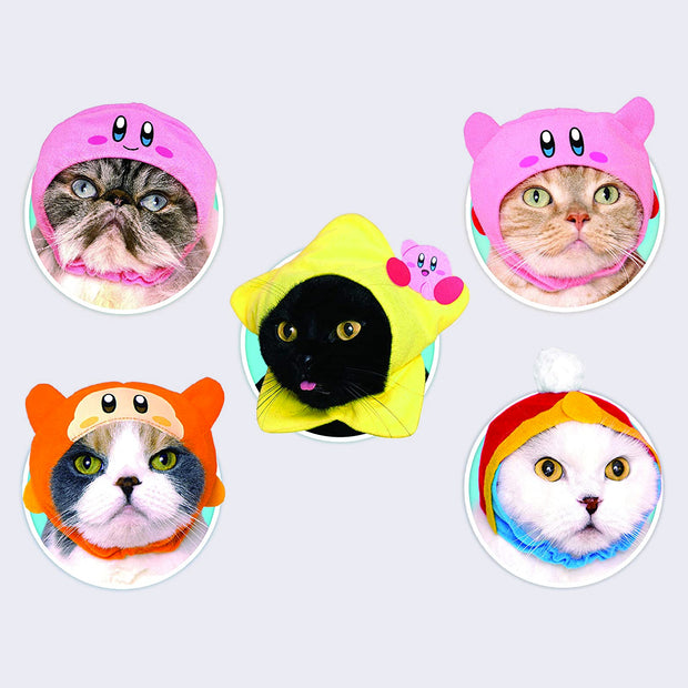 5 cap designs being modeled on different cats. Designs include a smiling Kirby, a Kirby with arms up, a yellow star with a small Kirby riding, a Waddle Dee, and a King Dedede style cap.