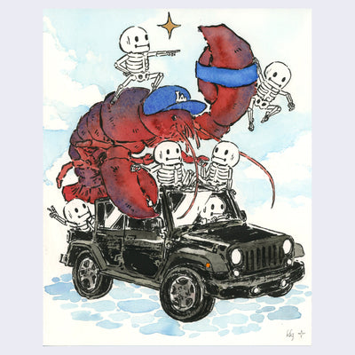 Watercolor illustration of a large red and purple lobster, wearing a blue LA cap and a blue sweat band around its claw. It rides atop an open top Jeep, with many smaller skeletons hanging around it.