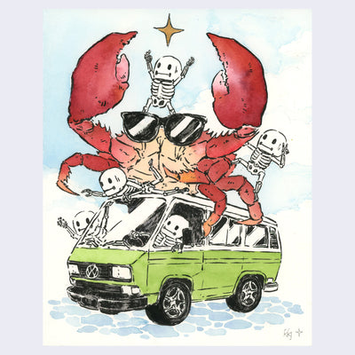Illustration of a VW green bus being driven by small cartoon skeletons, with a large red crab riding atop the car riding sunglasses.