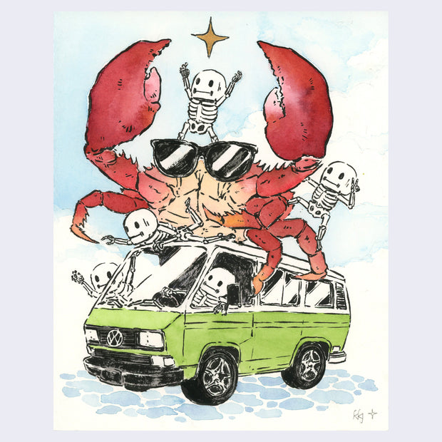 Illustration of a VW green bus being driven by small cartoon skeletons, with a large red crab riding atop the car riding sunglasses.