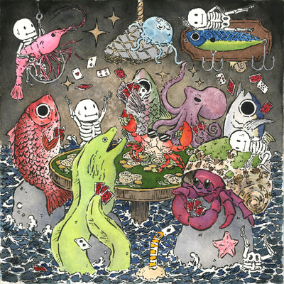 Ink and watercolor drawing of a poker table coming out of water, with stone stools around. Various large fish and aquatic creatures surround the table with money and cards. Some skeletons also occupy the scene doing mischievous poses. 