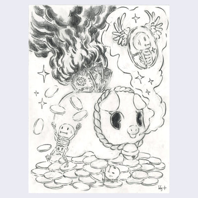 Pencil illustration of a cute piggy bank, with dollar bills on fire coming out of its back. It stands on a pile of coins, two cartoon skeletons playing with the money. Coming out of the pigs mouth is an illustration of a skeleton in a locket with angel wings on the side.