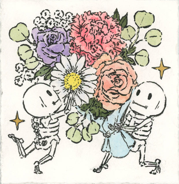 Illustration of 2 white cartoon skeletons holding a very large bouquet of flowers, which includes 2 roses, a mum and a daisy.